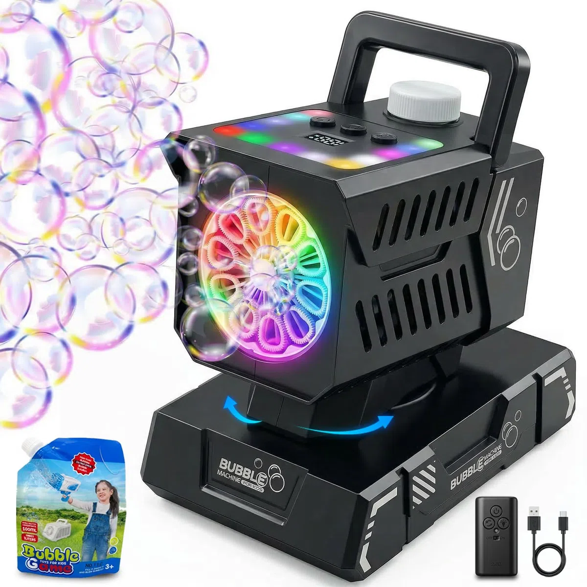 Blasenmaschine für Kinder, wiederaufladbarer Seifenblasenhersteller mit Fernbedienung und RGB-Lichtern, automatischer rotierender Akku-Blasenbläser für Geburtstagsfeiern, Hochzeiten