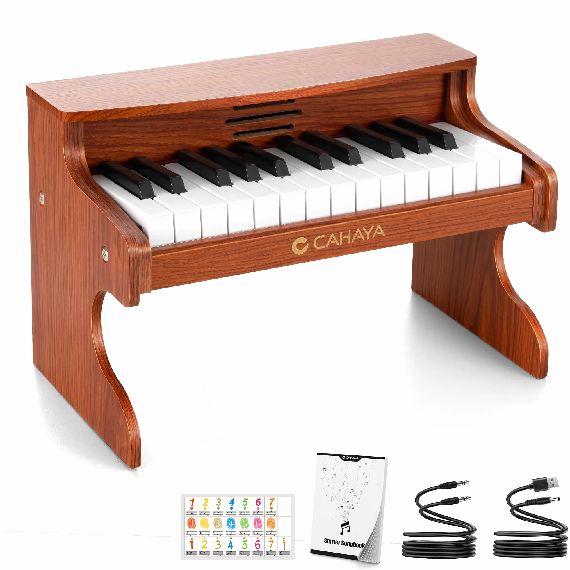 CAHAYA Kinderklavier Holz – 25 Tasten Digitales Lernpiano für Kinder ab 3 Jahren – Musikspielzeug mit Liedbuch, Sticker, Mikrofonanschluss – Geschenk für Jungen & Mädchen