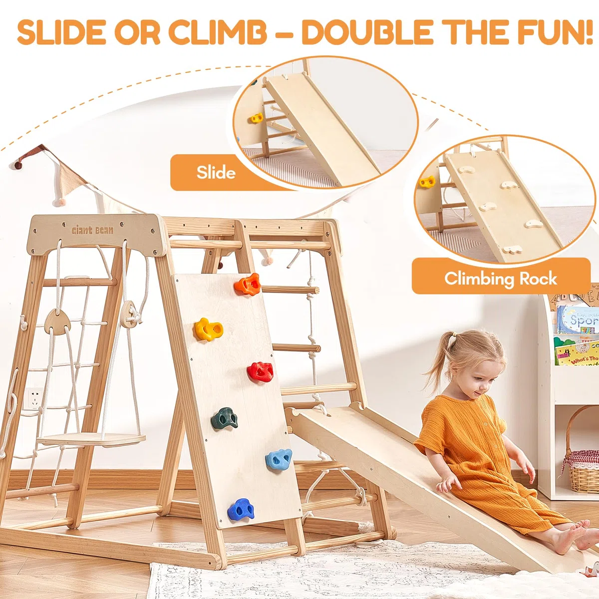 Indoor Klettergerüst ab 1-3 Jahre 7 in 1 Montessori Klettergerüst Großes Klettergerüst aus Holz Klettergerüst mit Rutsche, Holz Kletterturm mit Leiter und Rutschbahn für Kinder (1-3 Jungle Gym)