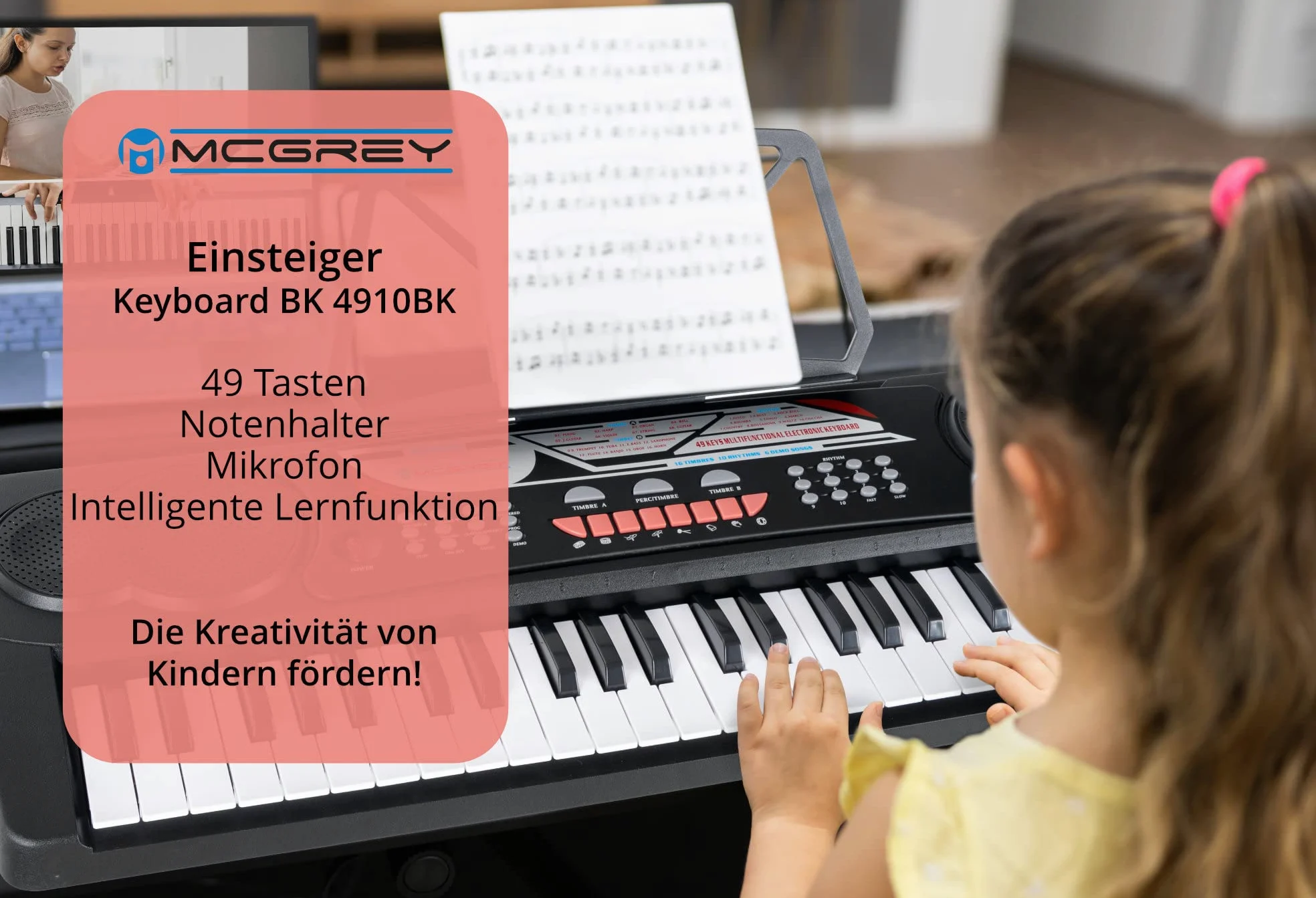 McGrey BK-4910BK Keyboard Set - Kinder Keyboard mit 49 Tasten - Einsteigerkeyboard mit 16 Sounds und 10 Rhythmen - Piano mit Mikrofon für Gesang und Notenständer - Inkl. Kopfhörer - Schwarz