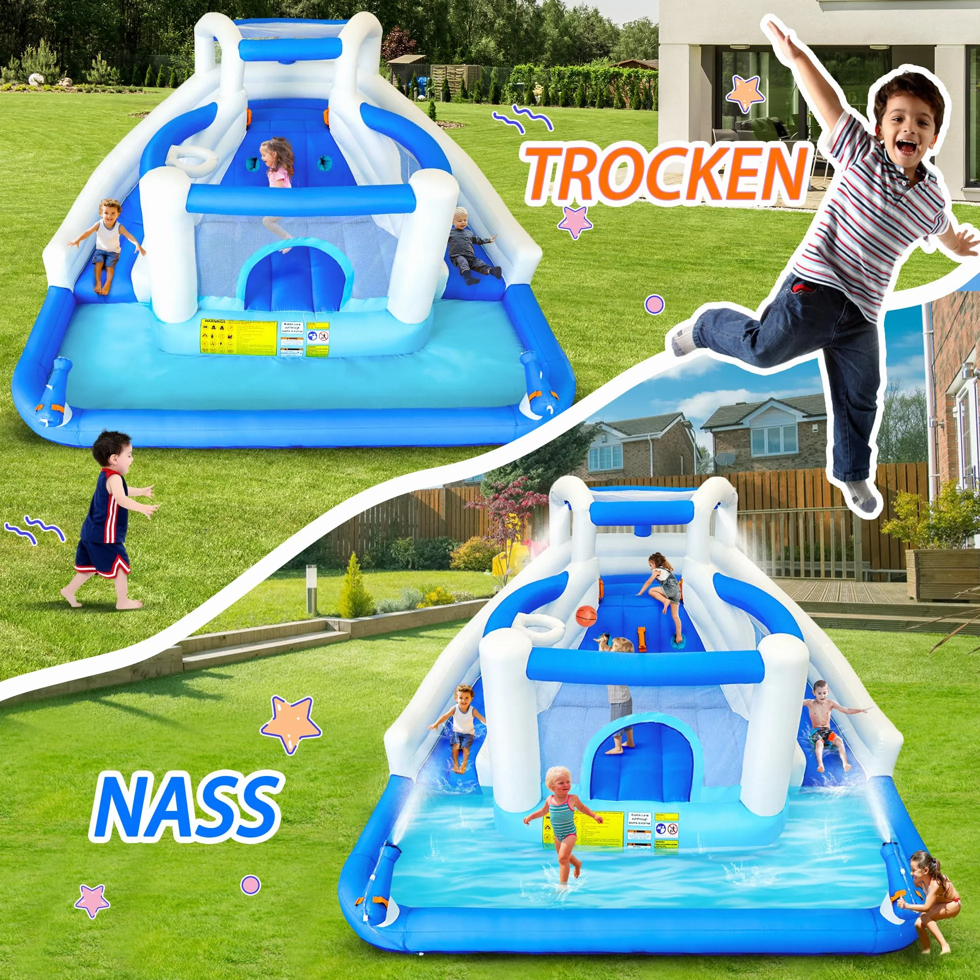 Aufblasbarer Wasserspielpark Hüpfburg mit Wasserrutsche Trampolin Basketballkorb und 2 Wasserpistolen Outdoor Hüpfburg für Kinder, geeignet für Garten und Party