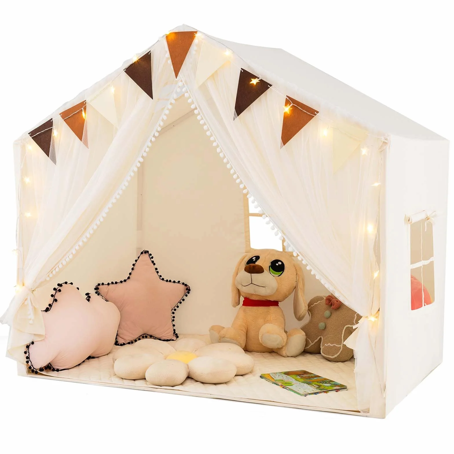 COSTWAY Spielhaus Kinder Indoor, Kinderzelt mit Matte und Lichtern, Spielzelt Kinder, Prinzessin Kinderspielhaus, Kinderzimmer Dekor Zelt für Jungen und Mädchen ab 3 Jahren (Beige)
