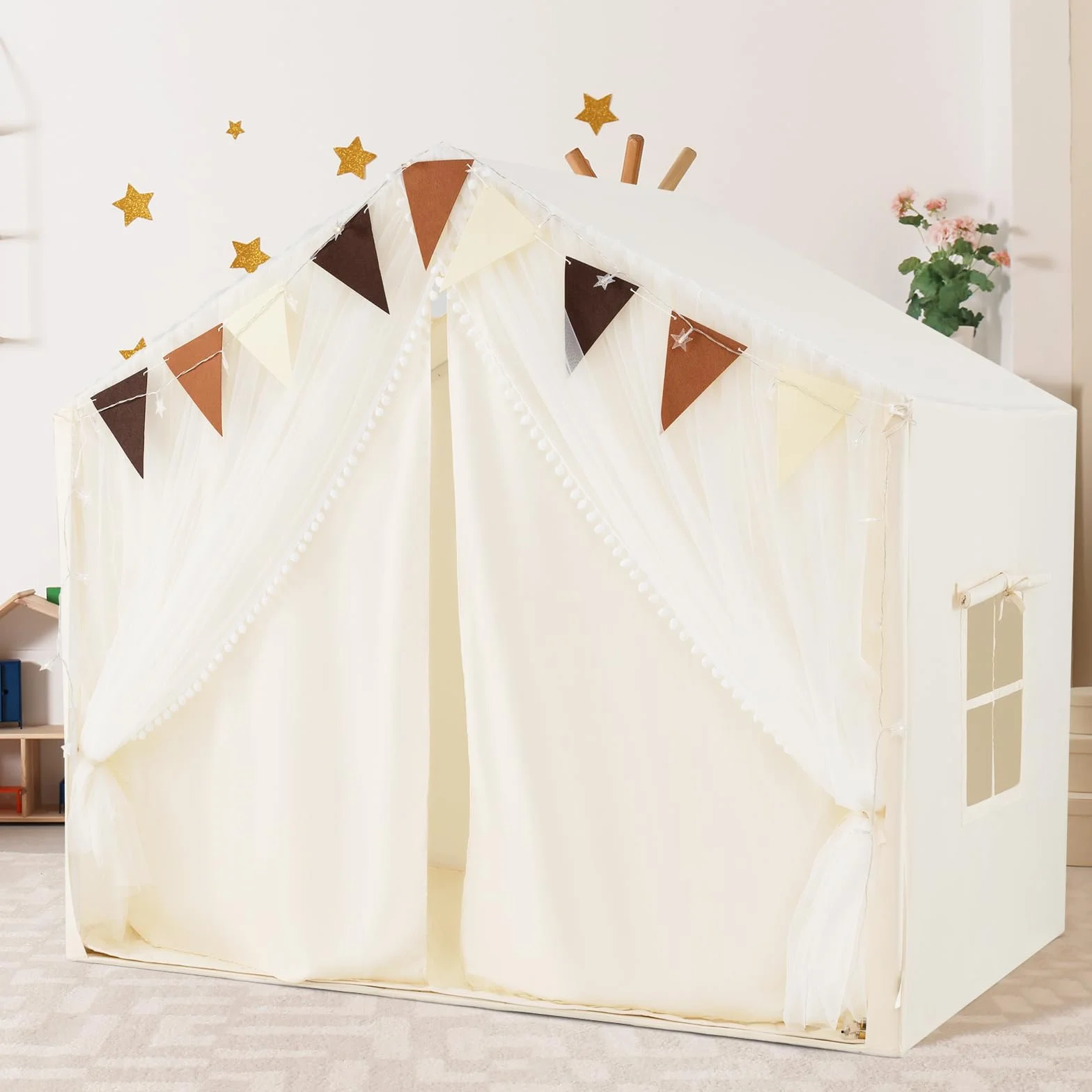 COSTWAY Spielhaus Kinder Indoor, Kinderzelt mit Matte und Lichtern, Spielzelt Kinder, Prinzessin Kinderspielhaus, Kinderzimmer Dekor Zelt für Jungen und Mädchen ab 3 Jahren (Beige)