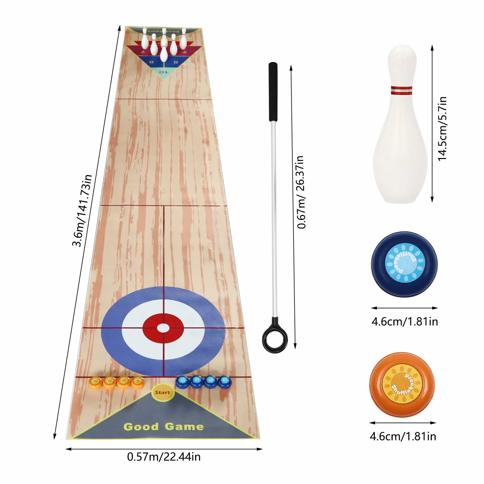 3 in 1 Shuffleboard Bowling Tischspiele 360x57cm, Tragbares Shuffleboard Tischkegelspiel Curling Spiel mit 6 Bowling und 2 Puttern für Kinder Familie Party