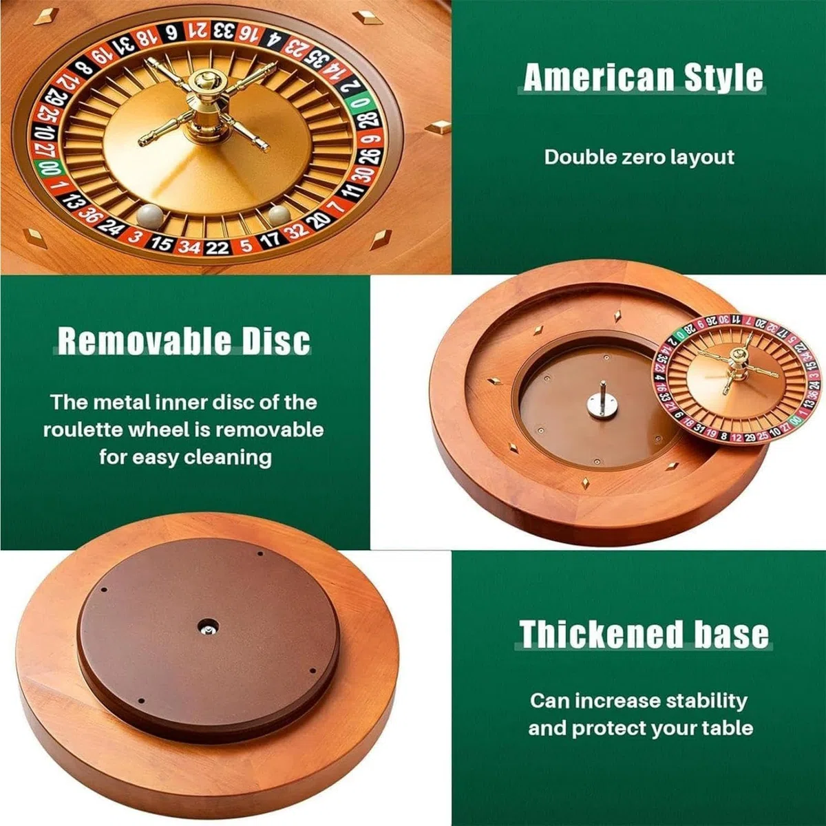 Roulette-Rad, tragbares Casino-Set, Roulette-Rad aus Holz, Drehteller, Präzisionslager in Casino-Qualität, Turm aus verchromtem Messing, sehr sanfte Drehbewegung,Single0-18in