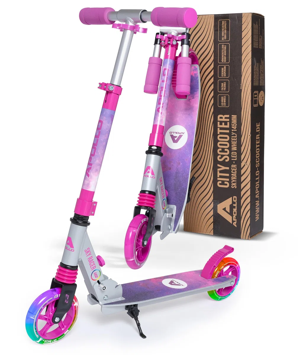 Apollo Skyracer City Roller mit LED Leuchträdern, Roller für Kinder ab 6 Jahre, City-Scooter mit Federung, Tretroller für Kinder und Teens, klappbar und höhenverstellbar