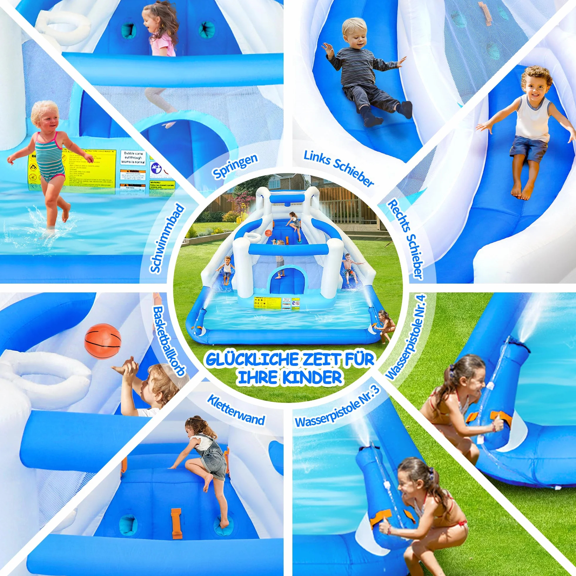 Aufblasbarer Wasserspielpark Hüpfburg mit Wasserrutsche Trampolin Basketballkorb und 2 Wasserpistolen Outdoor Hüpfburg für Kinder, geeignet für Garten und Party