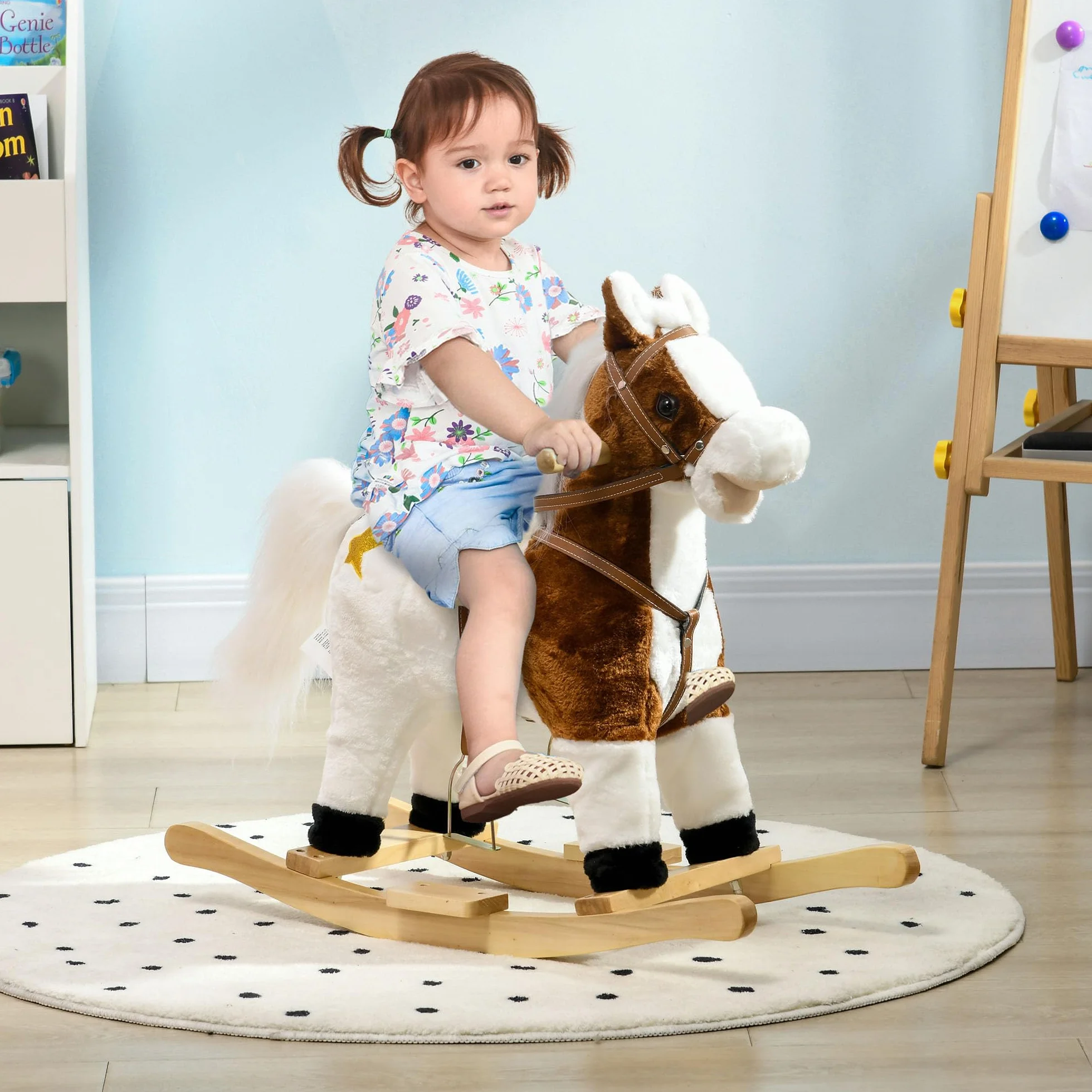 HOMCOM Schaukelpferd Schaukeltier Pferd mit Sound Effekt, Fußstütze, Haltegriffen Plüsch Baby Schaukelsitz Schaukelspielzeug Schaukel für Kleinkinder 3 bis 6 Jahre