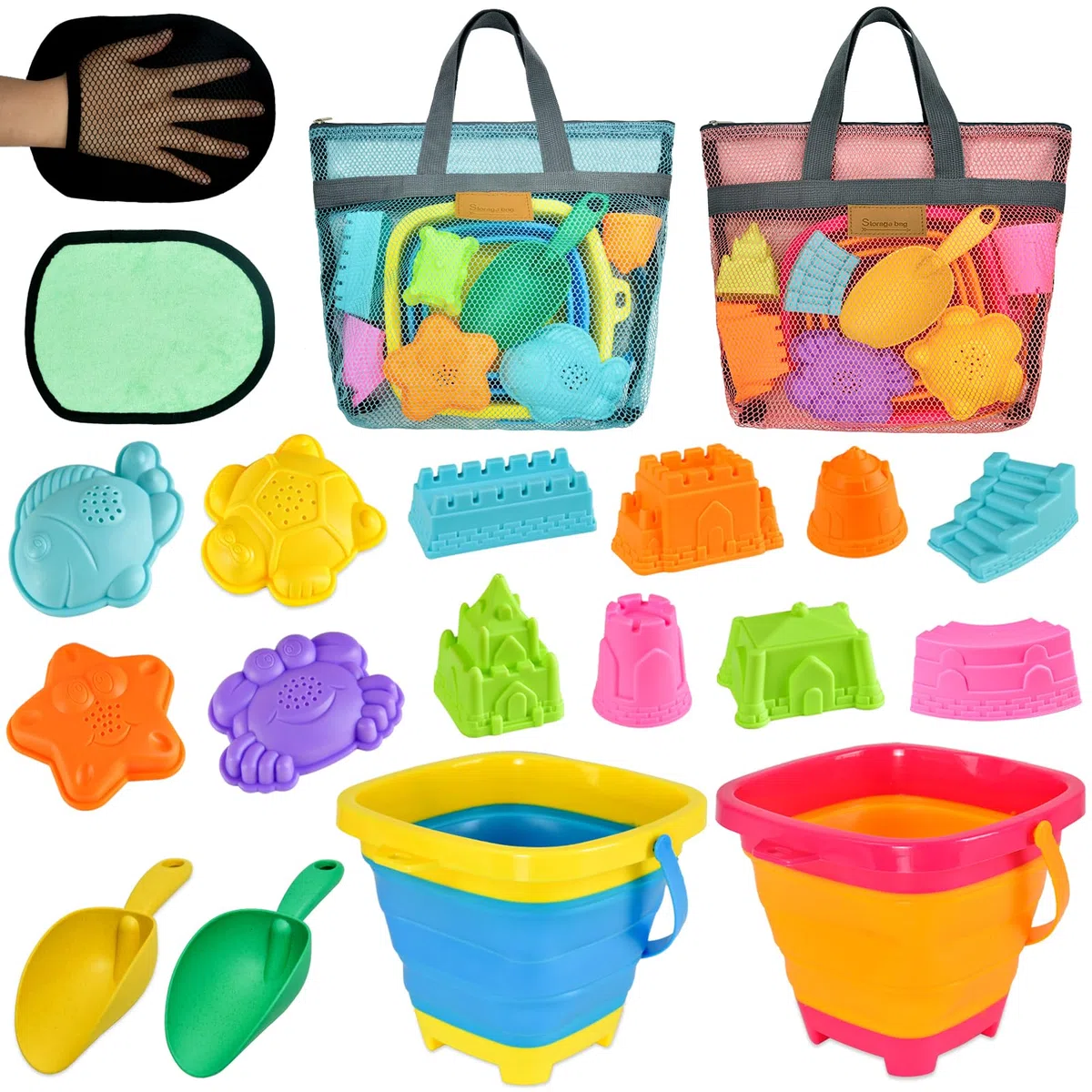 Faltbares Strandsandspielzeug für Kinder, Strandreisespielzeug mit 2 faltbaren Strandeimern, Netztaschen, Sandburgformen, Sandschaufelspiel für Kinder