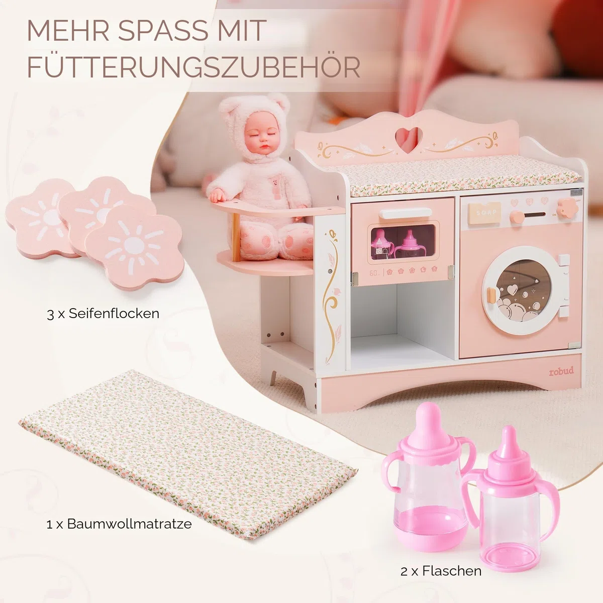 ROBUD Holzpuppen-Wickelstation, 4-in-1 Kleinkind-Puppen-Wickeltisch mit Waschmaschine & Flaschensterilisator, Aufbewahrung & Puppensitz, Puppenzubehör für Puppen unter 20", Geschenk für Kinder Rosa