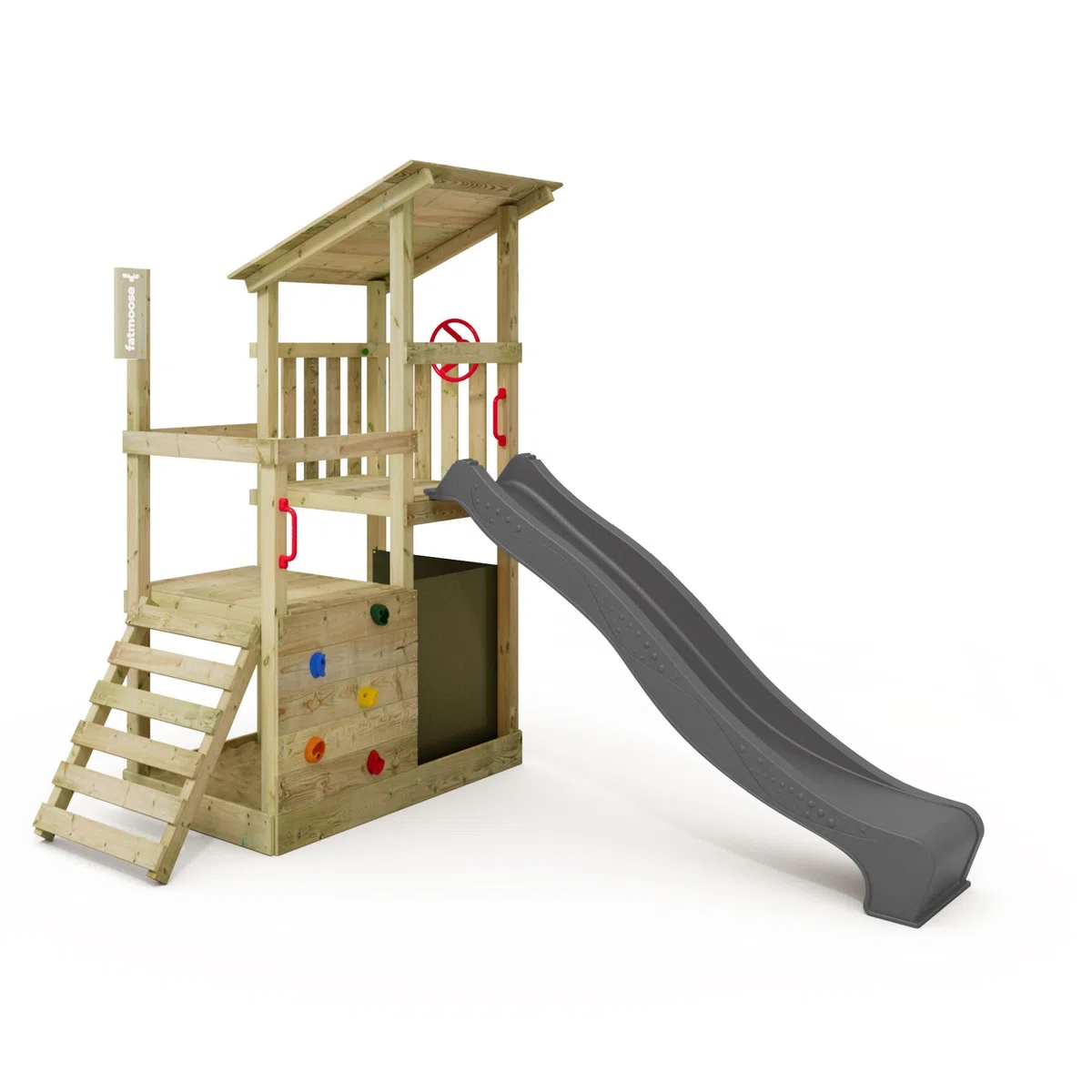 FATMOOSE Spielturm Klettergerüst FruityForest Fun XXL mit anthraziter Rutsche, Outdoor Kinder Kletterturm mit Sandkasten, Leiter & Spiel-Zubehör für den Garten