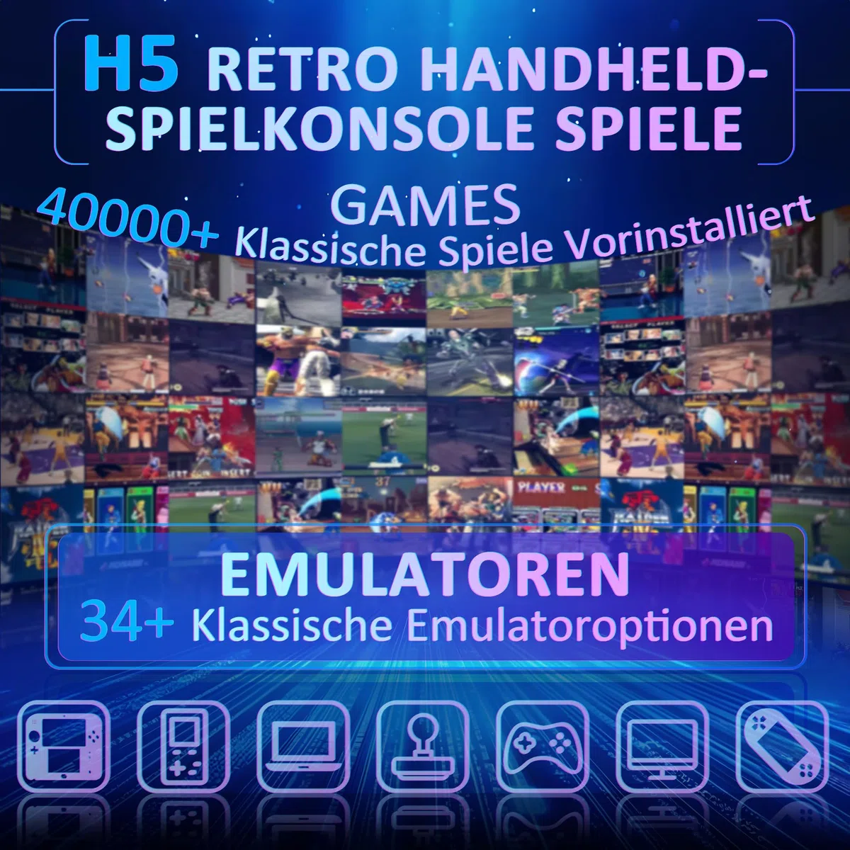 H5 Retro Handheld Spielkonsole, 256 G über 40.000 Spiele, 5-Zoll-IPS Retro Konsole, Linux-System, 4000-mAh-Akku, Unterstützt 34 Emulatoren,Tragbare Mini-Arcade(weiß)