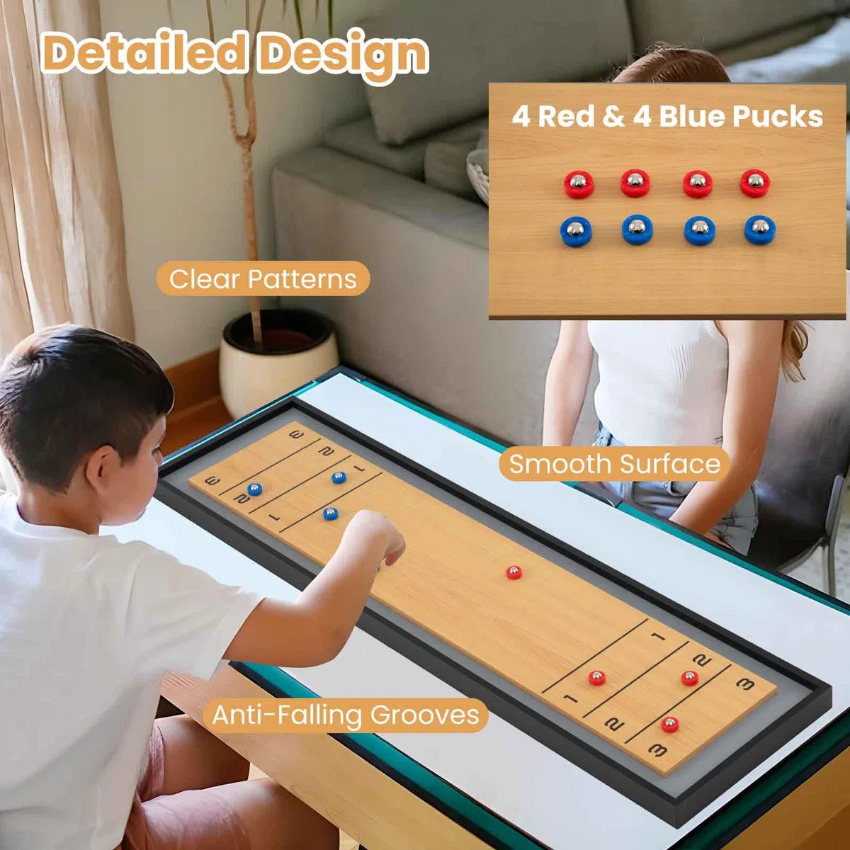 HOMASIS 2 in 1 Spieltisch mit Shuffleboard & Curling, tragbarer Shuffleboard-Tisch Curling Spiel mit 8 Pucks, Brettspiele Tischkegelspiel Multi Tischspiel Set für Kinder & Erwachsene