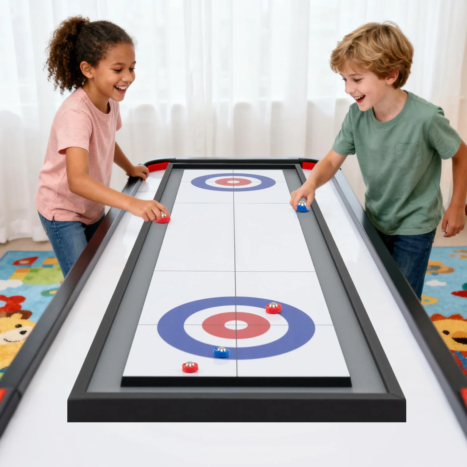 HOMASIS 2 in 1 Spieltisch mit Shuffleboard & Curling, tragbarer Shuffleboard-Tisch Curling Spiel mit 8 Pucks, Brettspiele Tischkegelspiel Multi Tischspiel Set für Kinder & Erwachsene