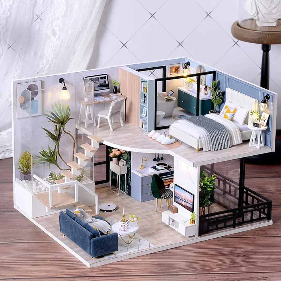 CUTEBEE Puppenhaus Miniatur mit Möbeln, Idee DIY hölzernes Puppenhaus-Kit, Maßstab 1:24 kreativer Raum(Cozy Time