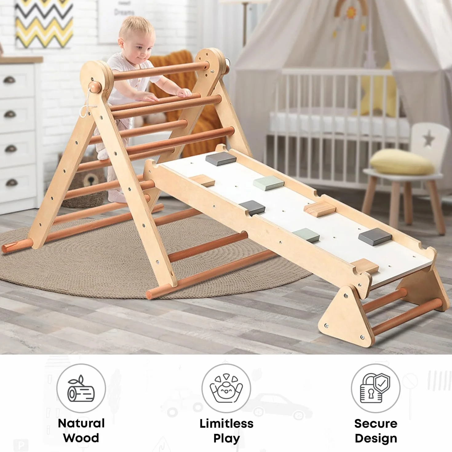 Mamabrum Klettergerüst Indoor ab 3 Jahren für Kinder – Pikler Dreieck, Leiter & Balancierpfad – 3-in-1 Multifunktionales Spielzeug, Indoor Spielplatz, Montessori Ergänzung